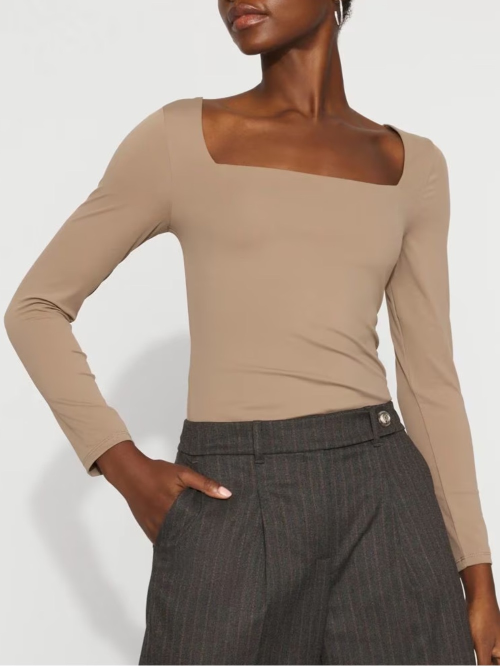 White House Black Market Square Neck Long-Sleeve Top in Taupe WHBM FORME™ S